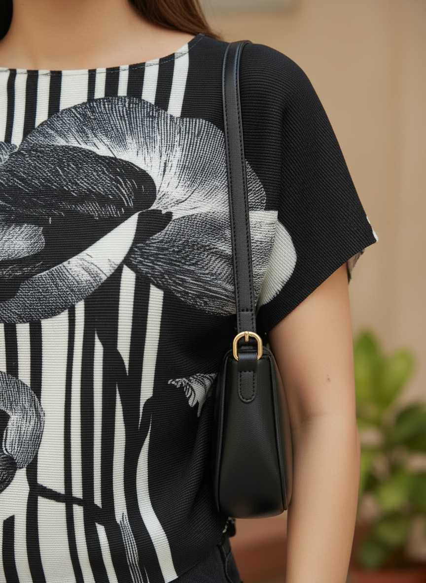 Monochrome Bloom Pleated Top