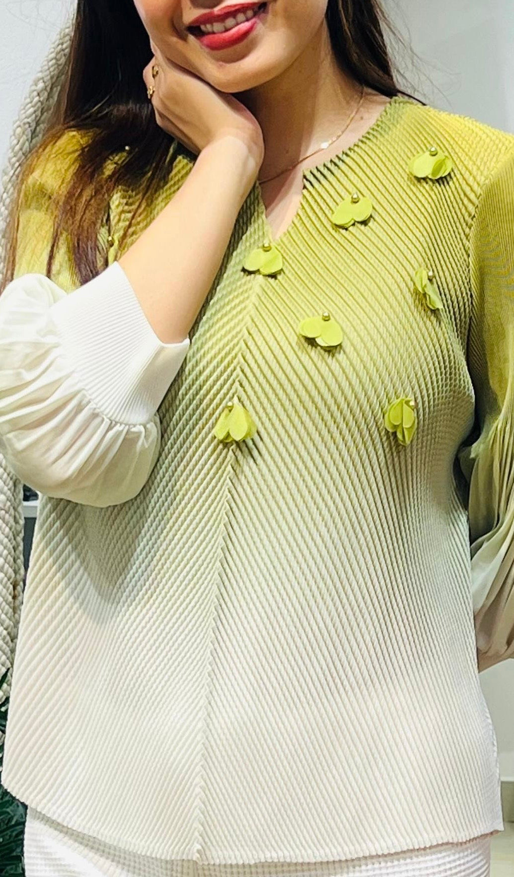 Ombré Petal-Accented Pleated Tunic Top