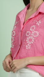 Hibiscus Embroidered Drop-Shoulder Blouse