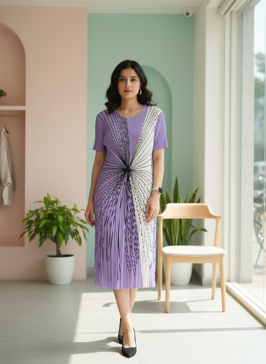 Lavender Starburst Pleated Midi Dress