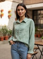 Flora Embroidered Sage Button-Down
