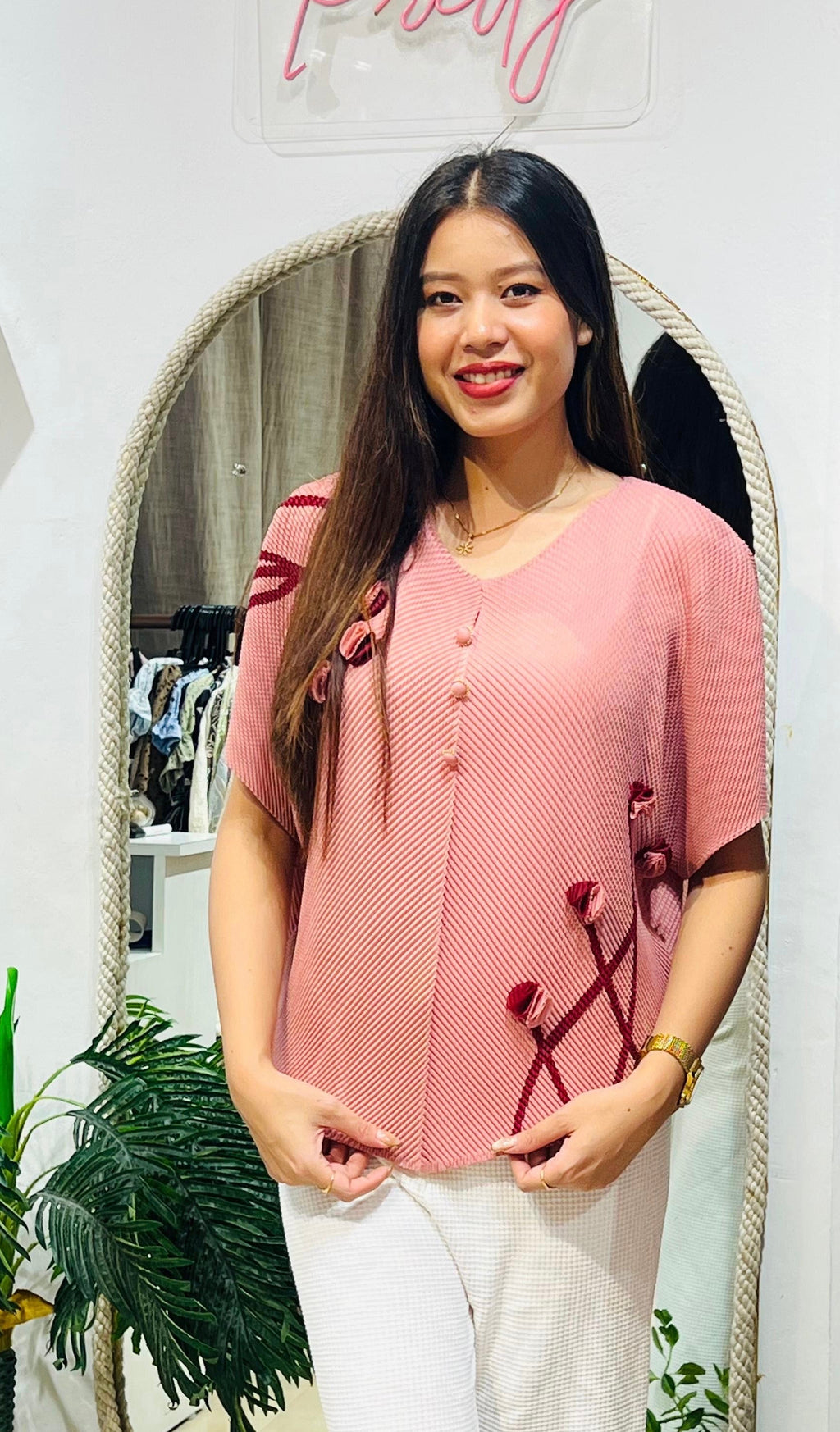 Floral Textured Pleated Blouse