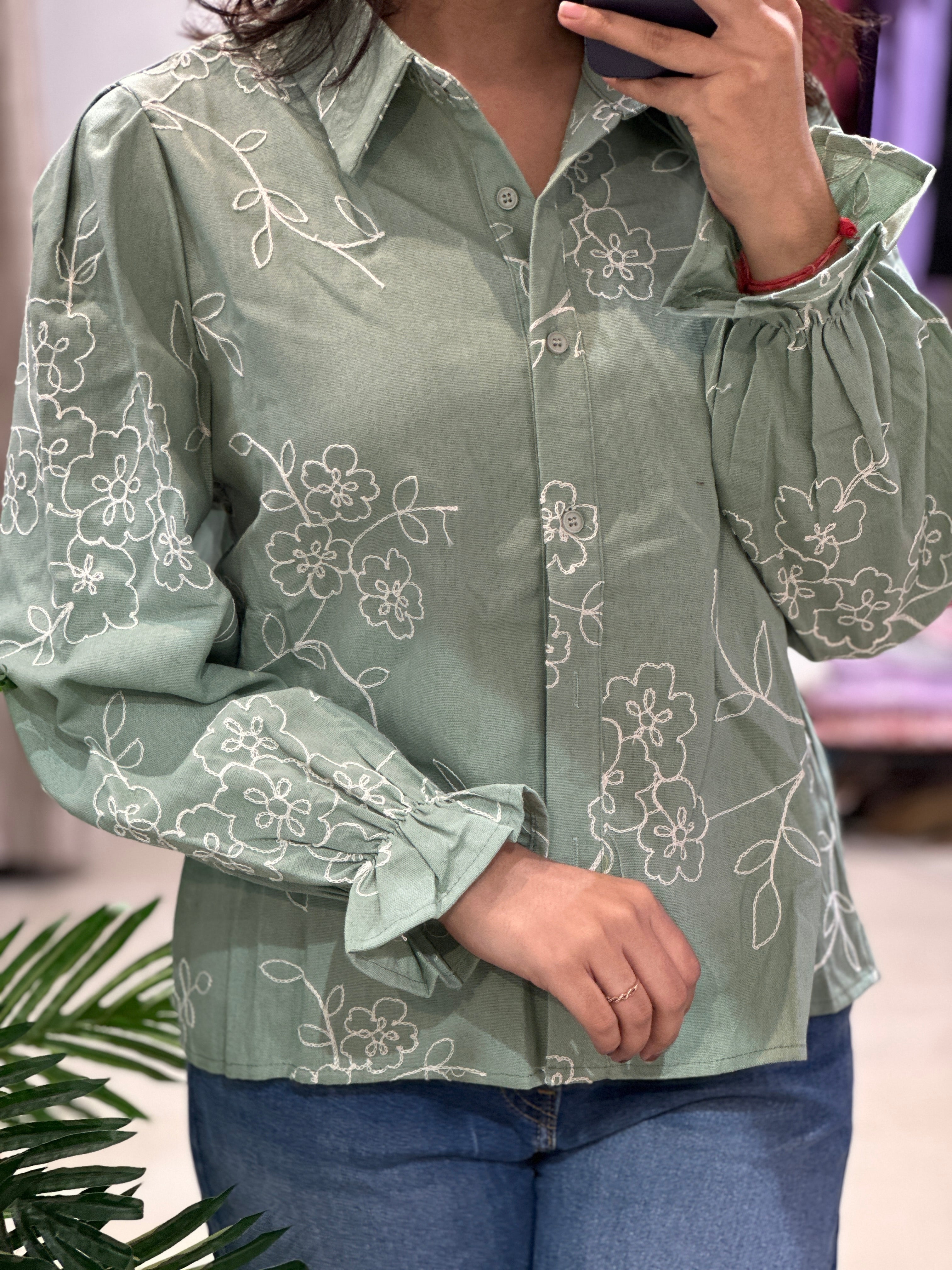 Olive Threadwork Linen Shirt