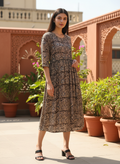 Mocha Ajrakh-Print Gathered Midi