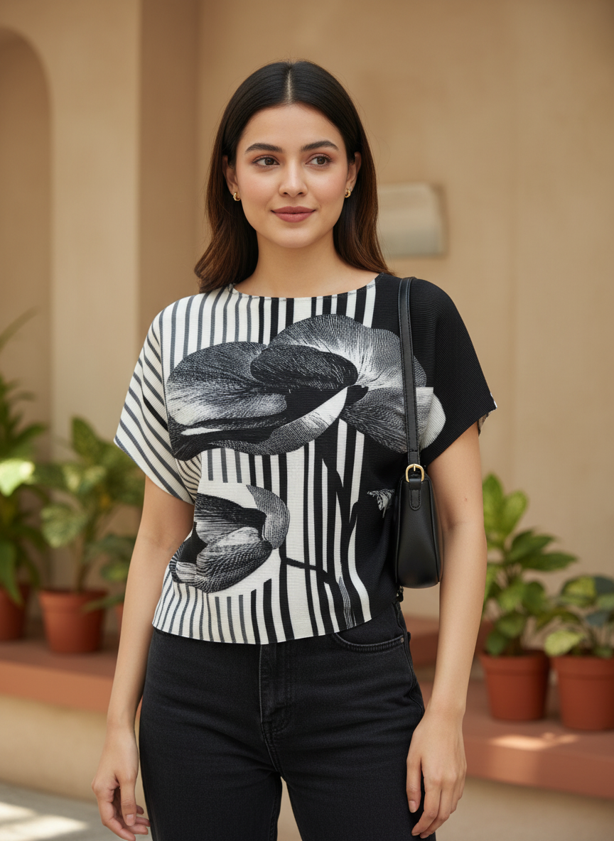 Monochrome Bloom Pleated Top