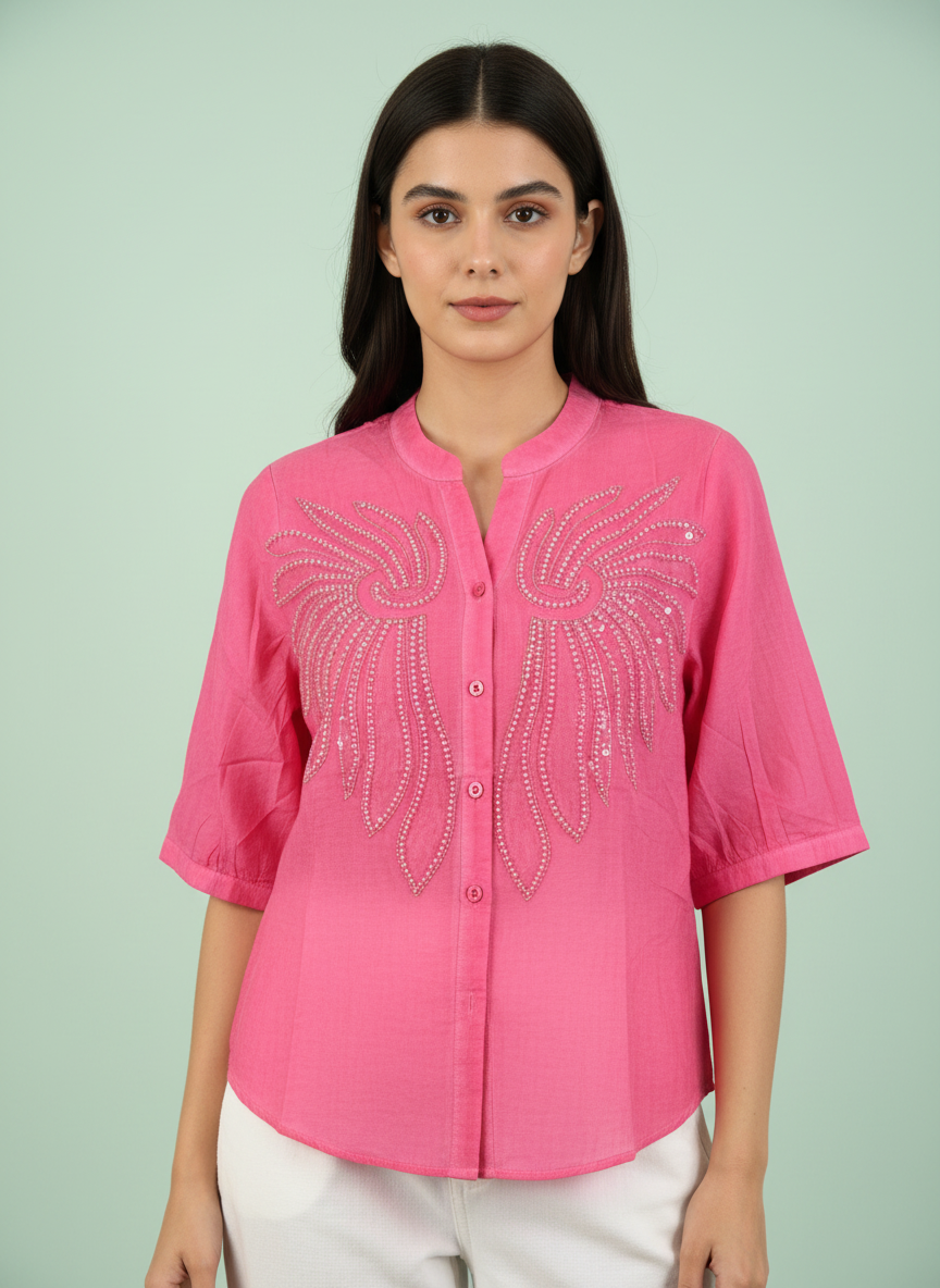 Fuschia Embroidered Mandarin Collar Blouse
