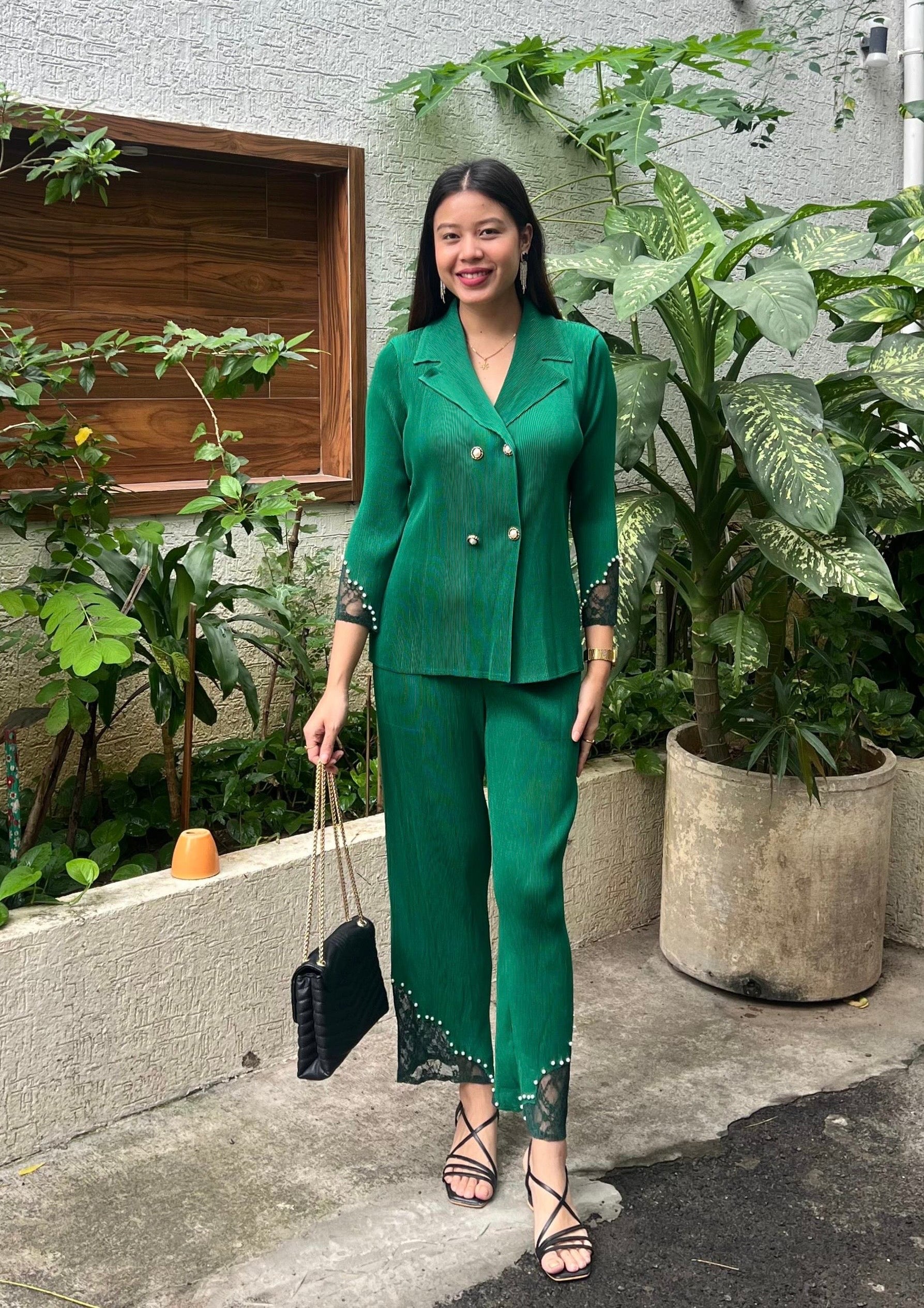 The Elara Lace-Trim Pleated Suit Set