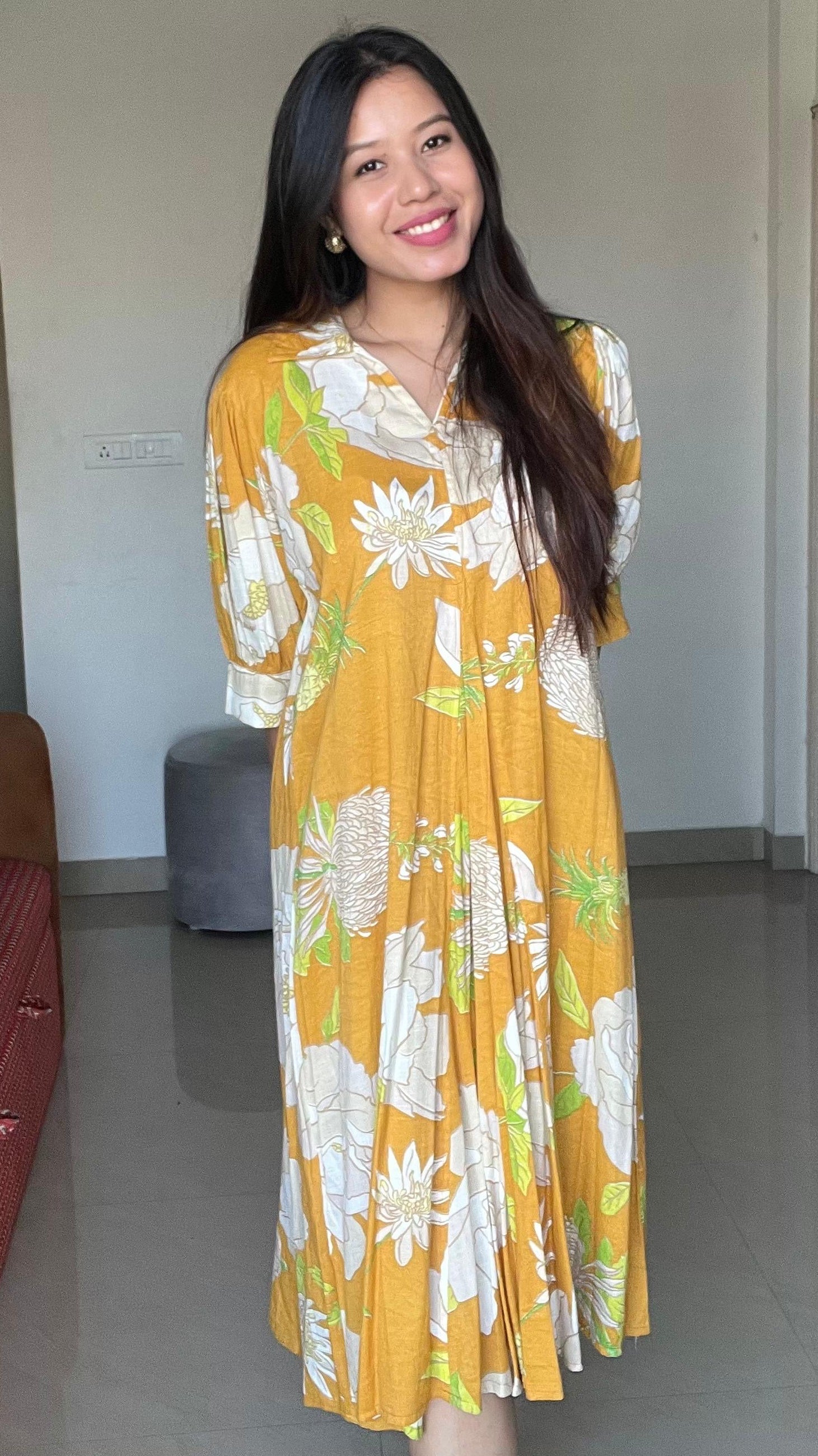 Sun-Drenched Mustard Floral Midi Dress