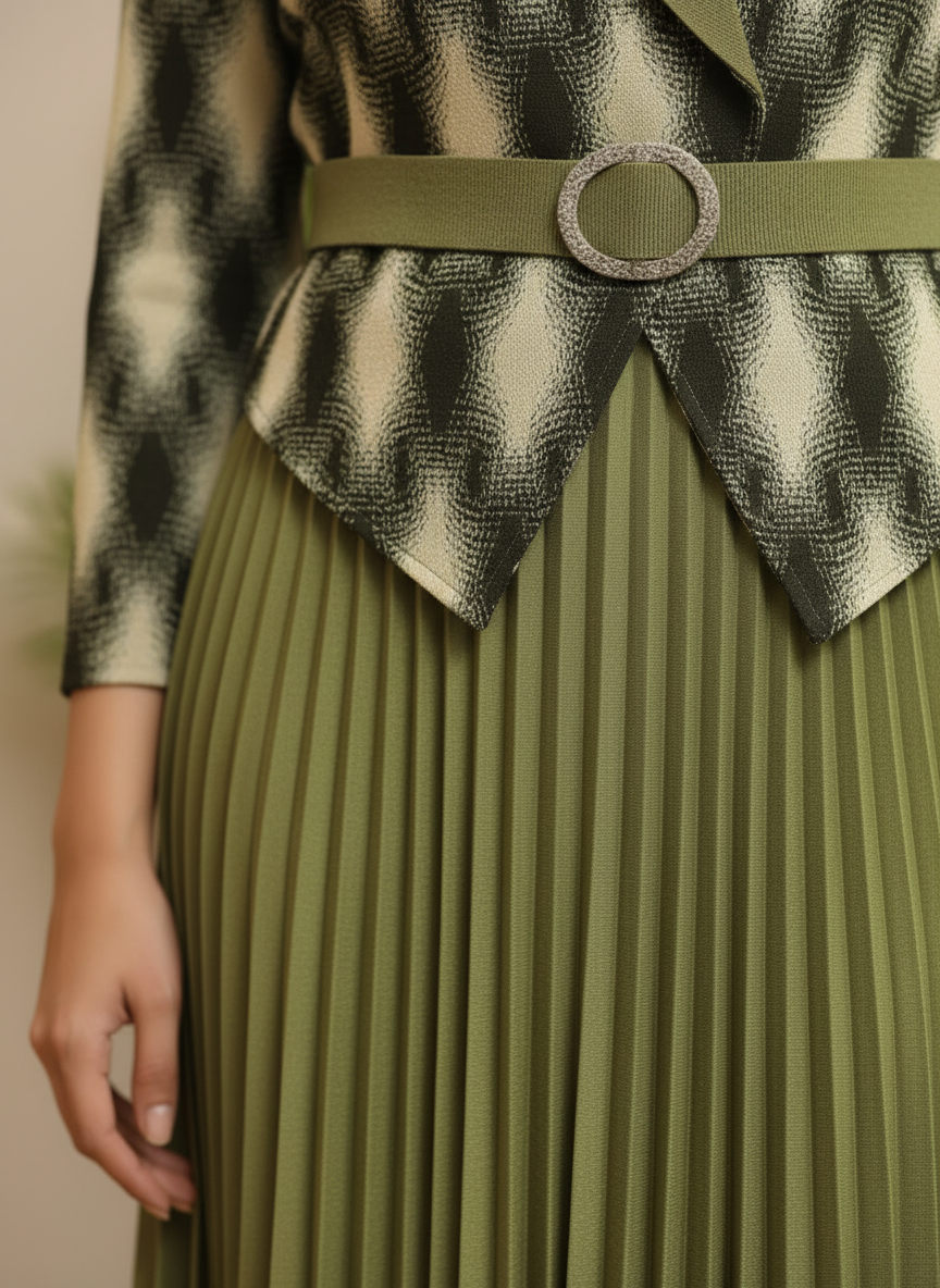 Olive Pleated Midi Dress with Geometric Jacket Overlay