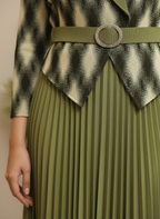 Olive Pleated Midi Dress with Geometric Jacket Overlay