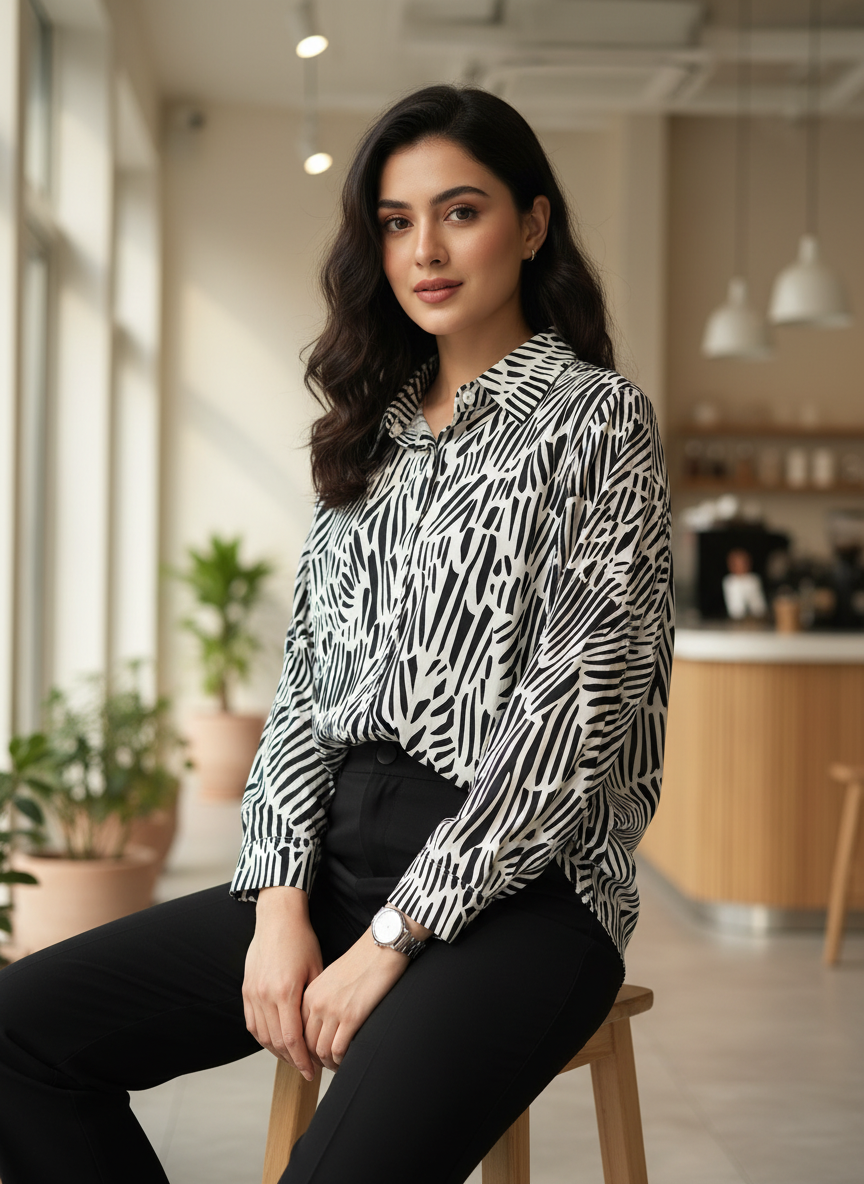 Monochrome Ink-Stripe Oversized Shirt