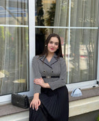 Monochrome Blazer-Style Pleated Midi Dress