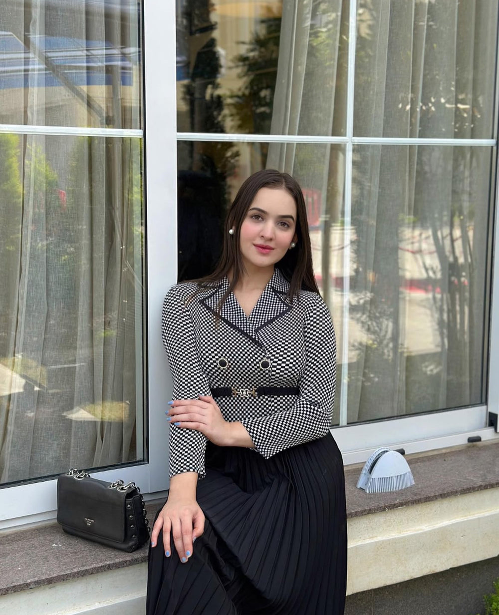 Monochrome Blazer-Style Pleated Midi Dress