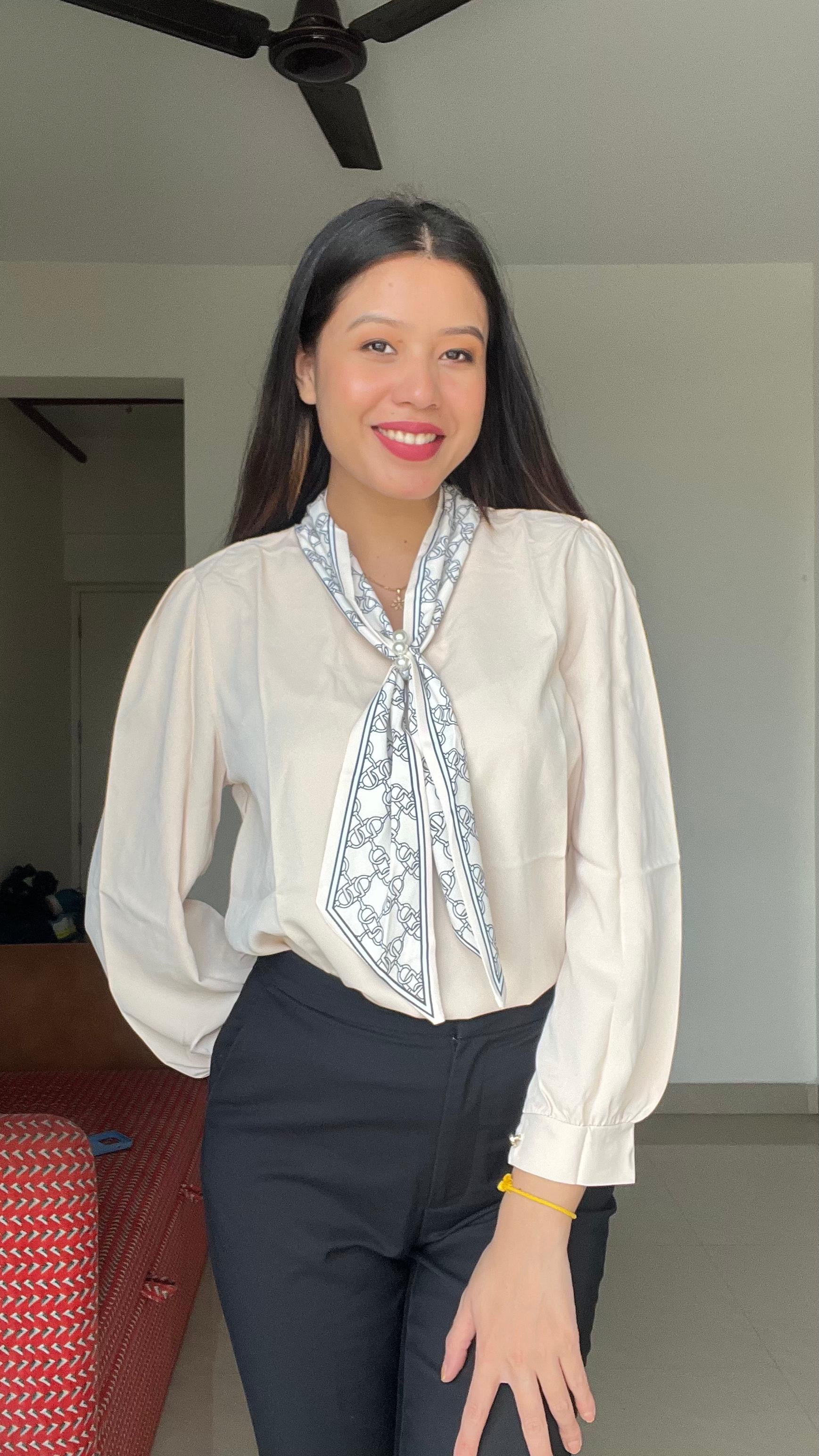 Women's Scarf-Tie V-Neck Blouse with Pearl Brooch Detail