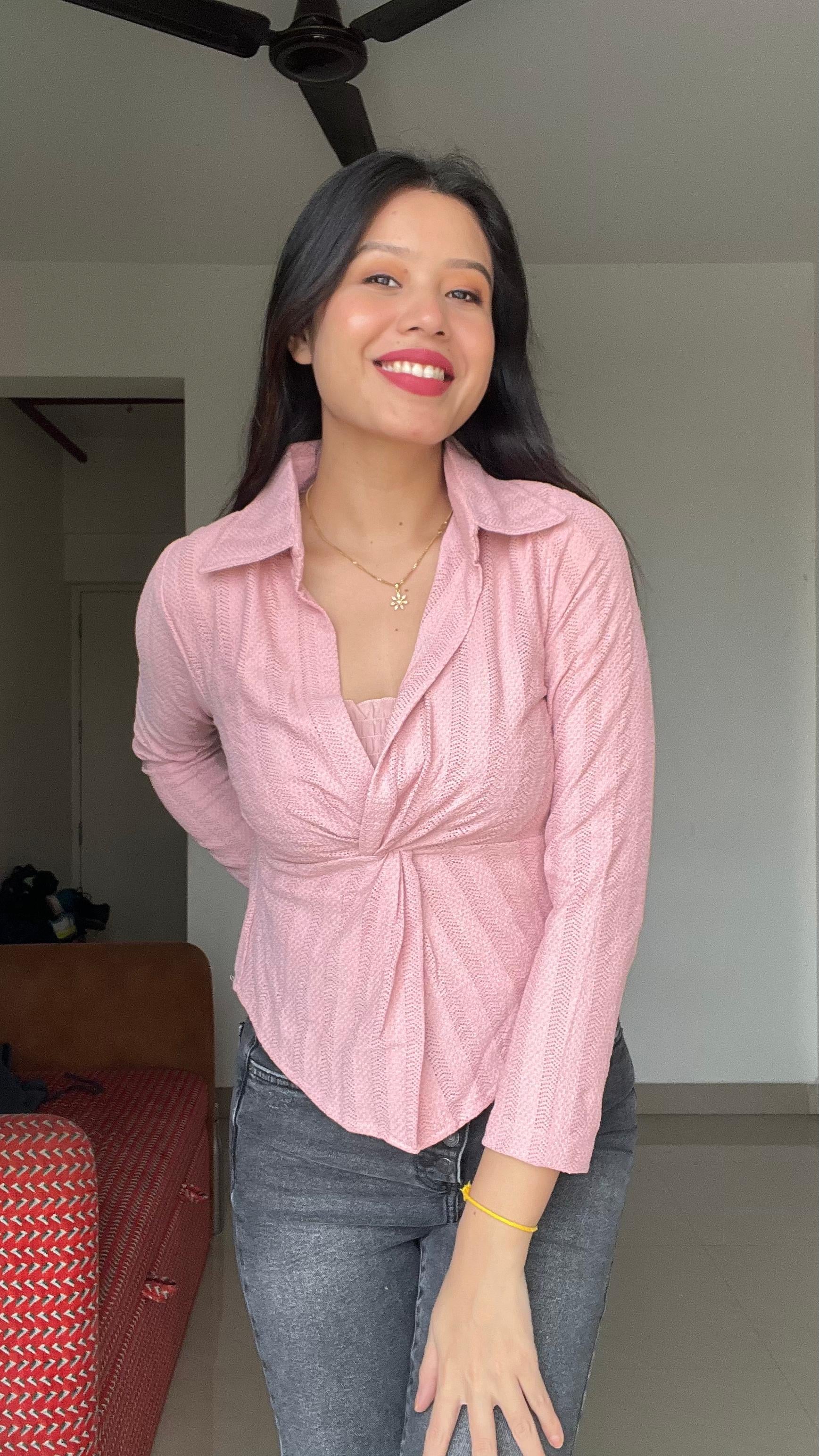 Women’s Front-Twist Textured Peplum Shirt with Inner Camisole