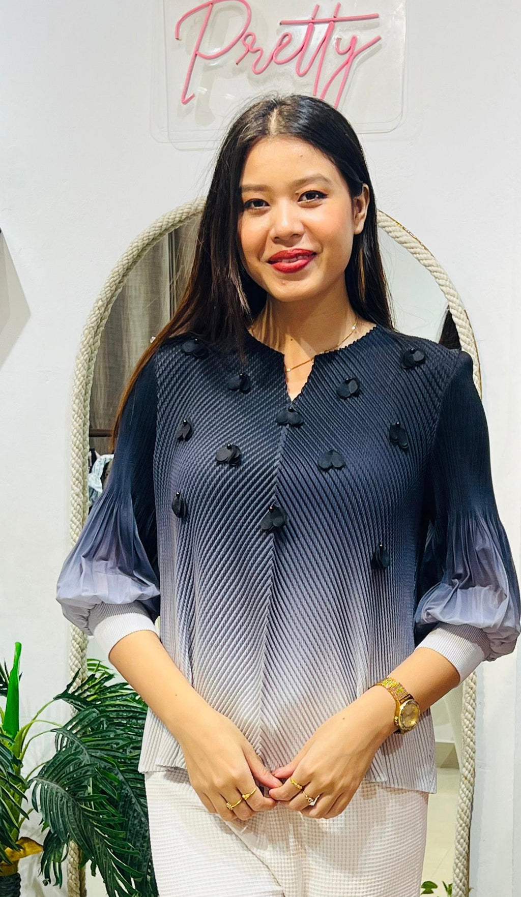 Ombré Petal-Accented Pleated Tunic Top