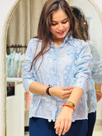 Petal-Soft Sky Blue Sheer Button-Down