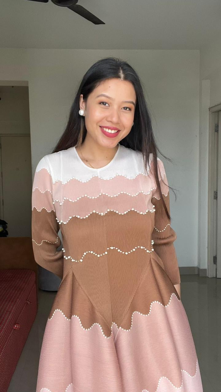 Brown Ripple Pleated Midi Dress