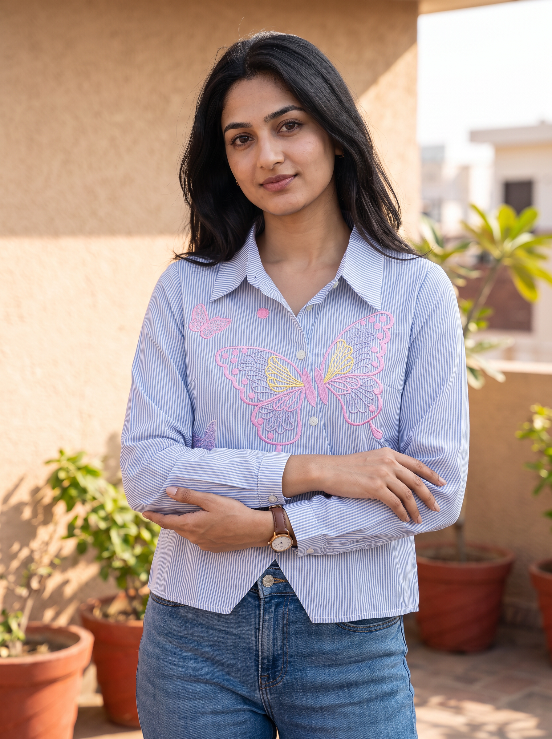Striped Butterfly Embroidered Shirt