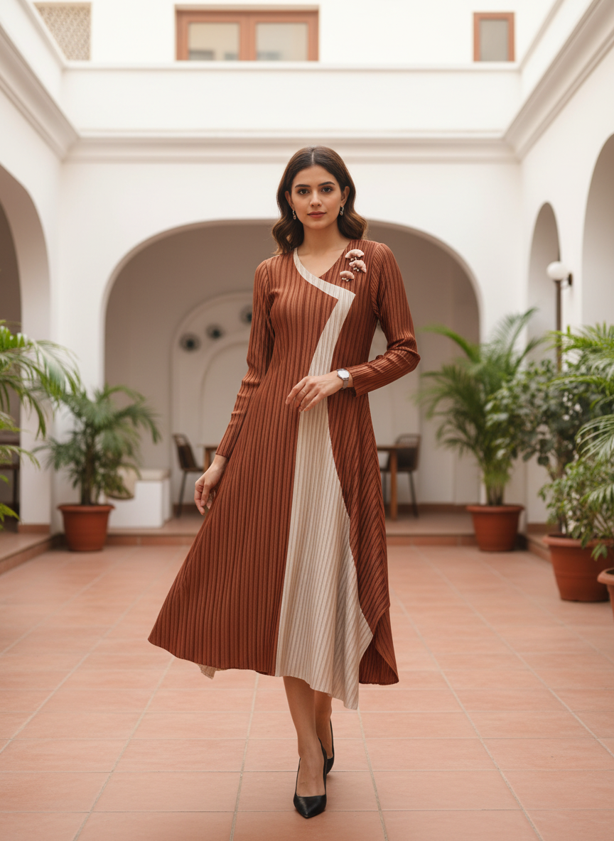 Arched Contrast Pleated Midi Dress – Rust & Cream