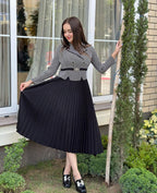 Monochrome Blazer-Style Pleated Midi Dress