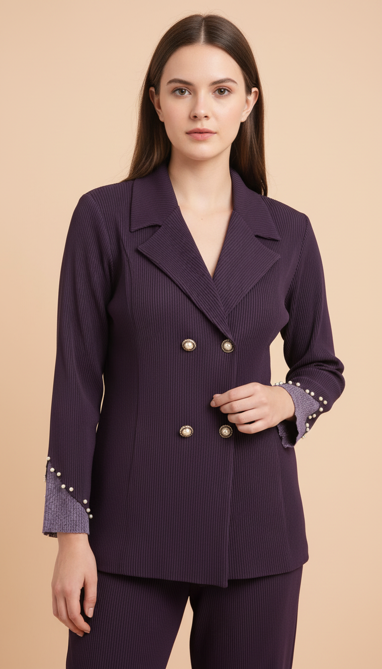 The Elara Lace-Trim Pleated Suit Set- Wine