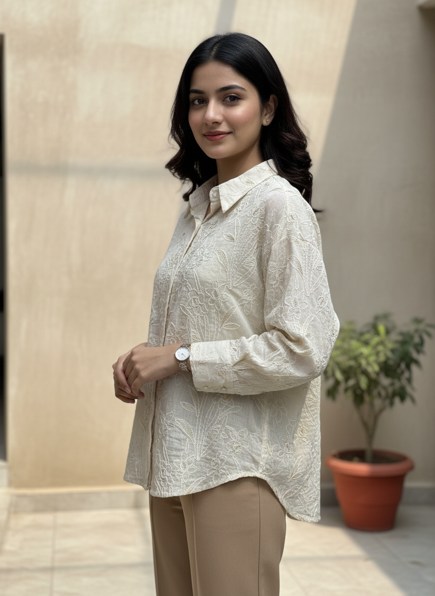 Vanilla Bloom Embroidered Button-Down