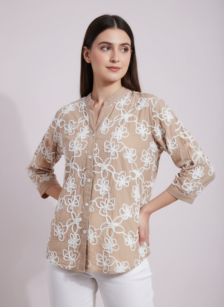 Pastel Brown Embroidered Button-Down