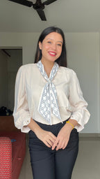 Women's Scarf-Tie V-Neck Blouse with Pearl Brooch Detail