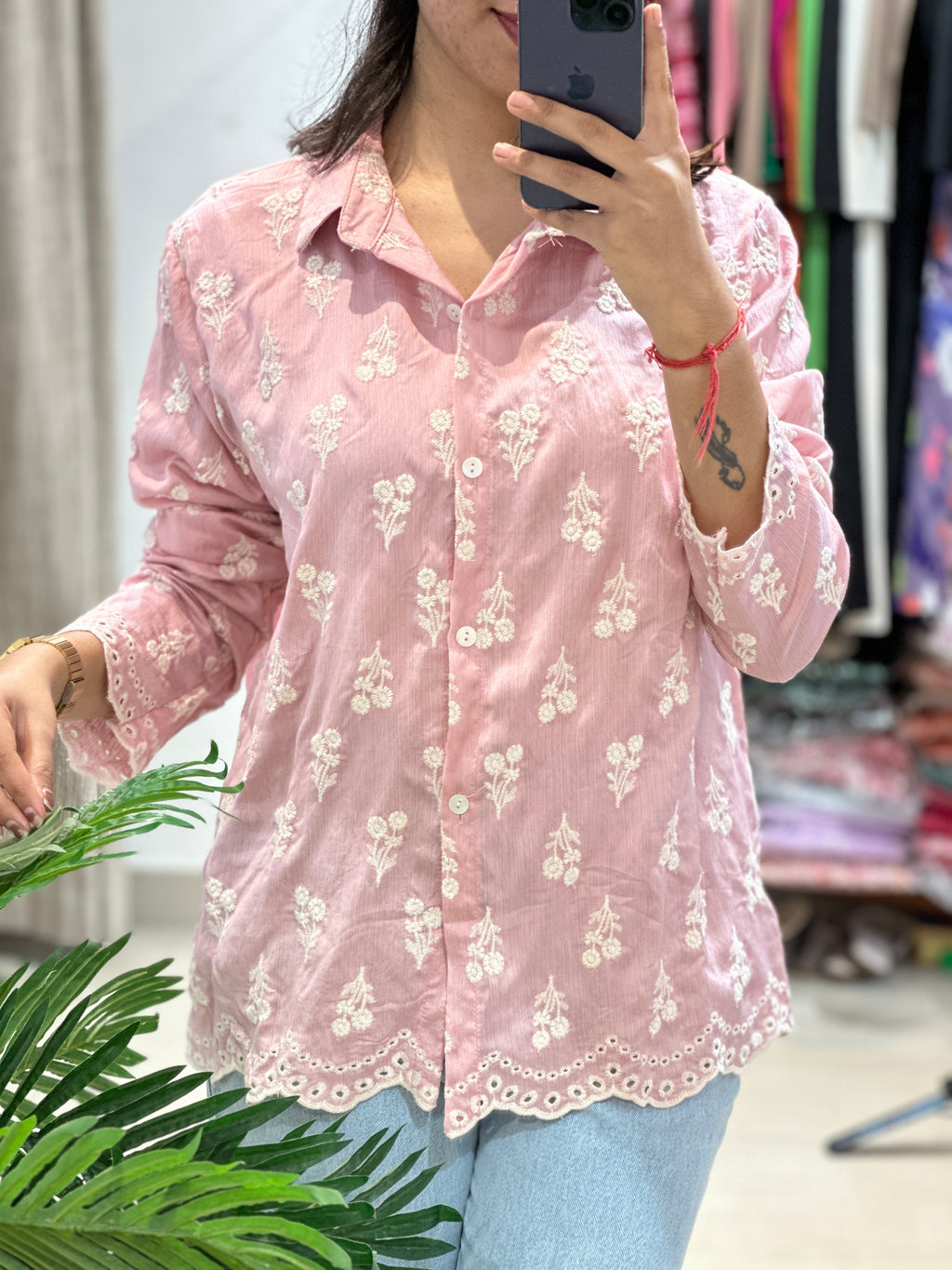 Linen Silk Threadwork shirt- Baby Pink