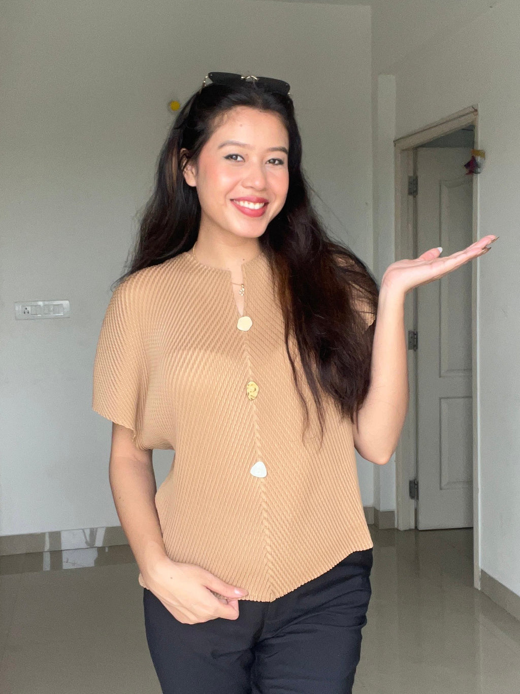 Caramel Textured Button-Down Top