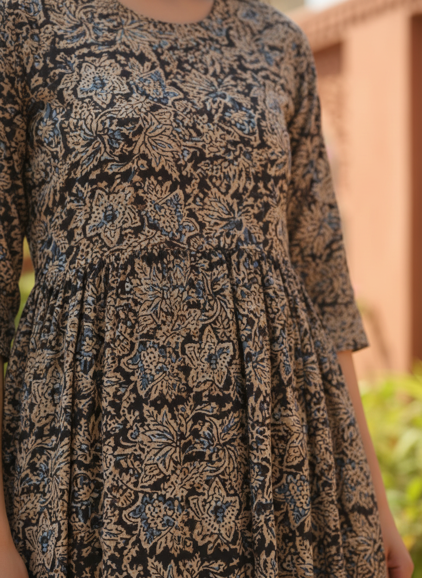 Mocha Ajrakh-Print Gathered Midi