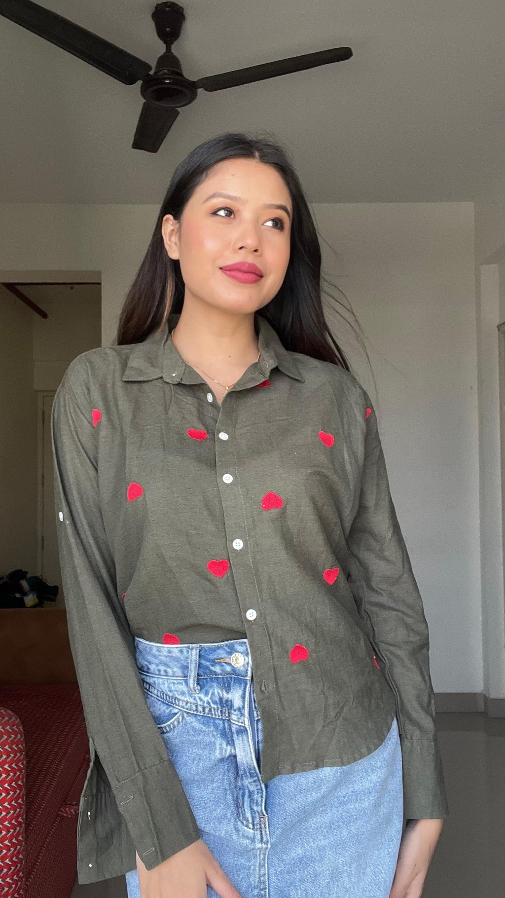 Heart-Embroidered Button-Down Relaxed Shirt
