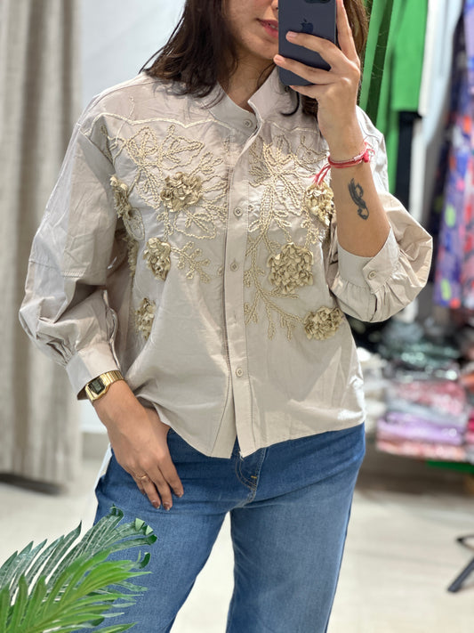 Anahi Flora Shirt- Coastal Grey