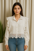 Ivory Lace-Trimmed Button-Up Blouse