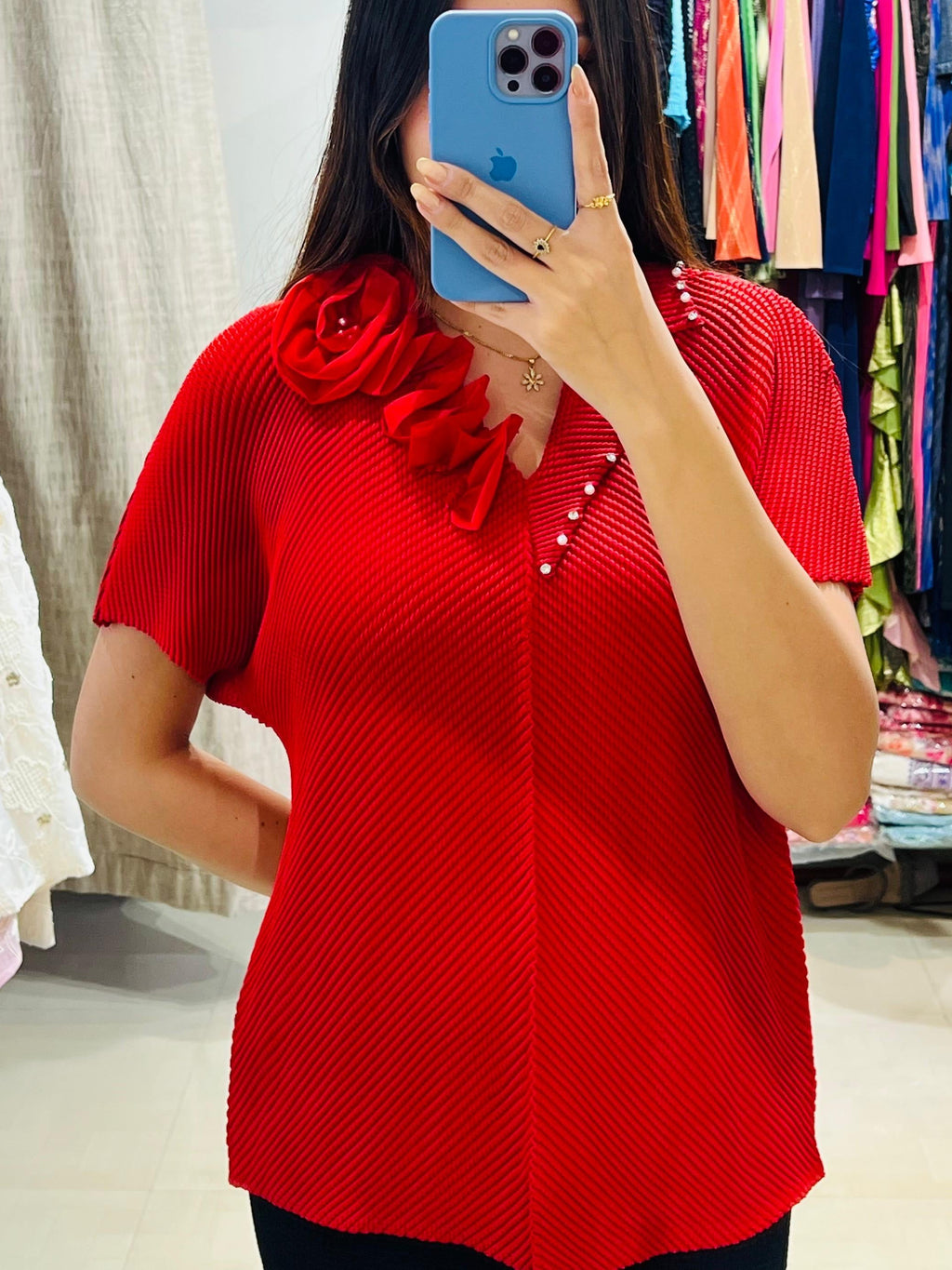 Floral Embellished V-Neck Pleated Blouse - Plus Size Friendly