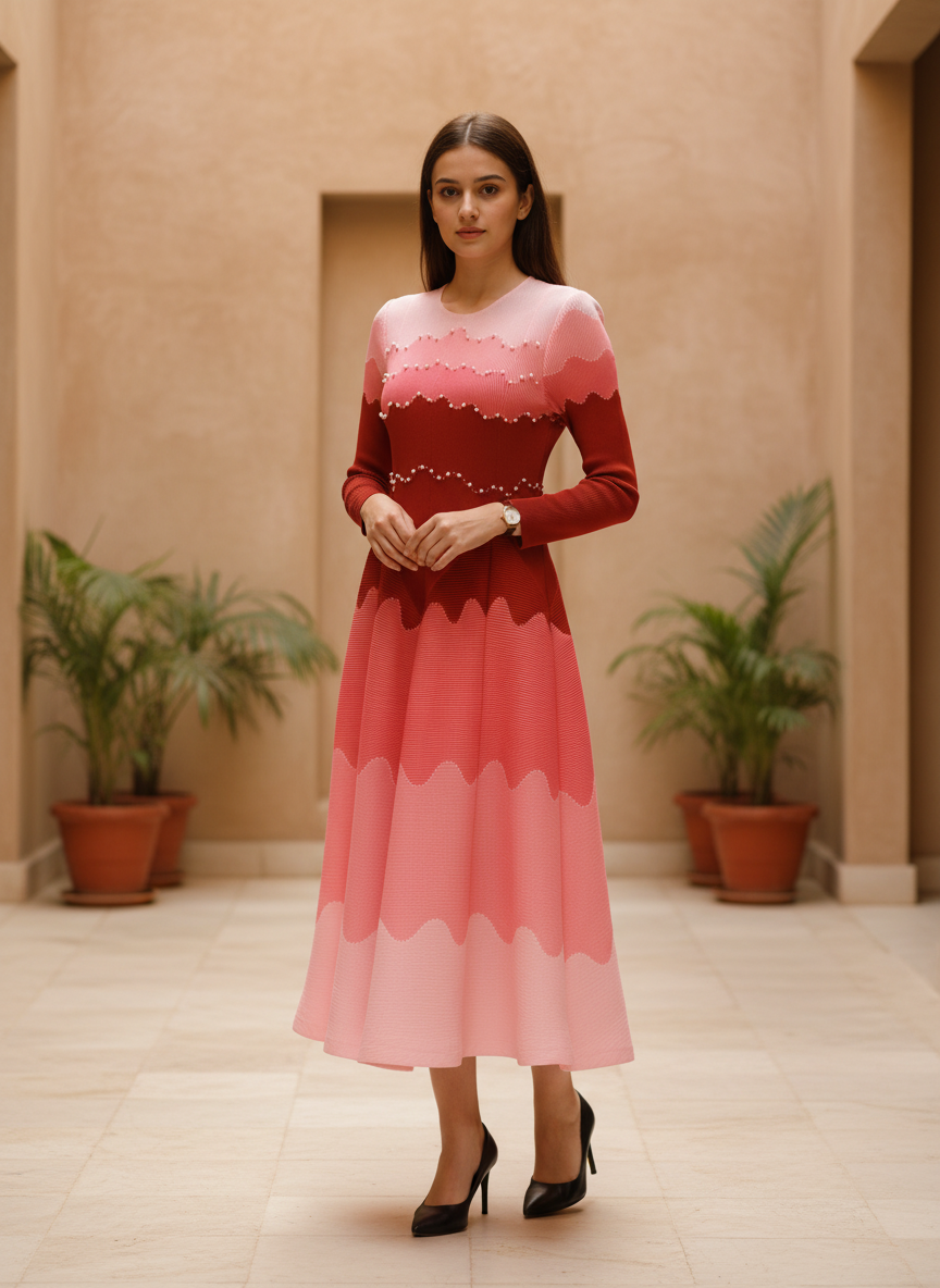 Rose Ripple Pleated Midi Dress