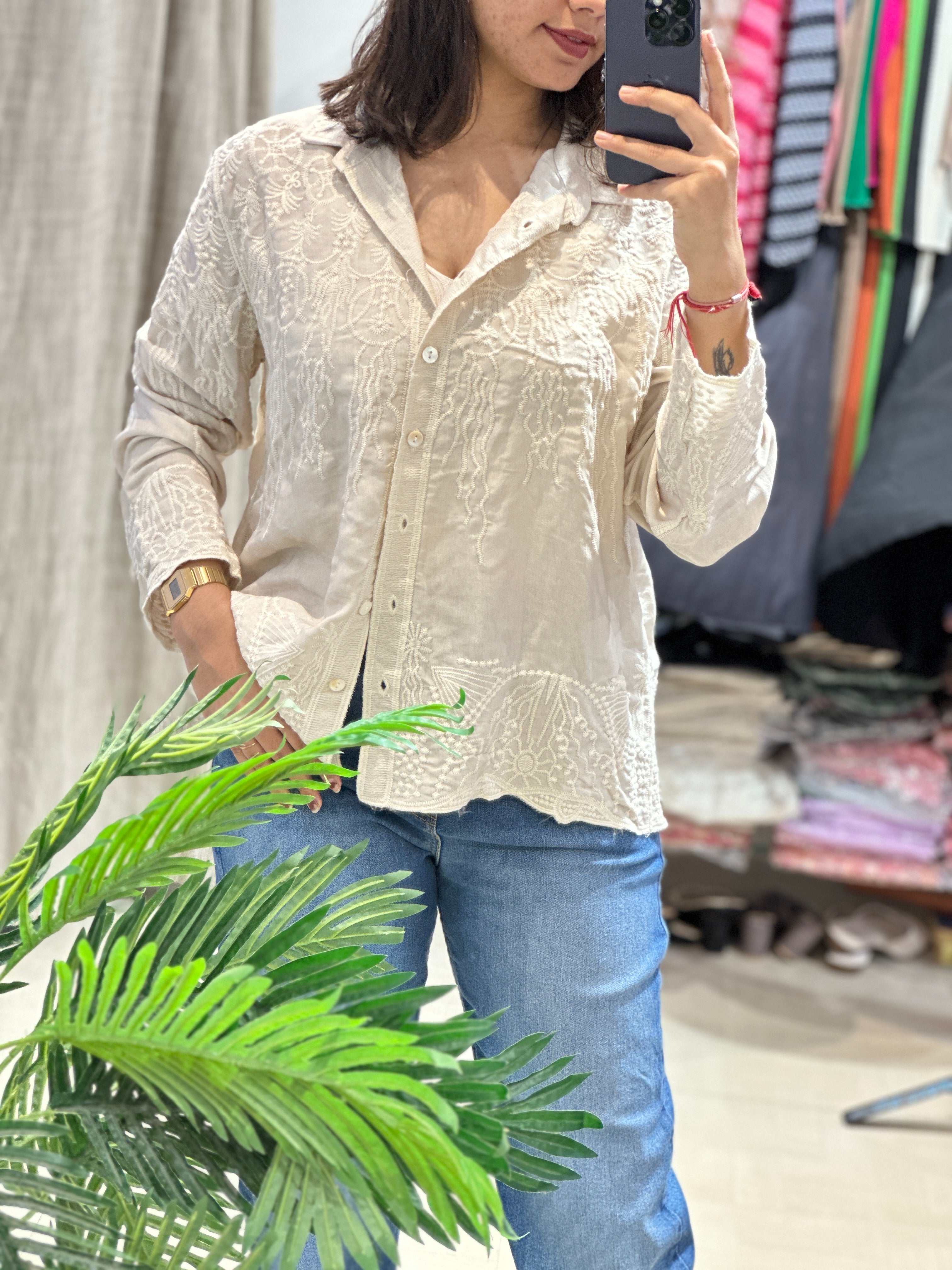 Linen Silk Threadwork Shirt- Cream