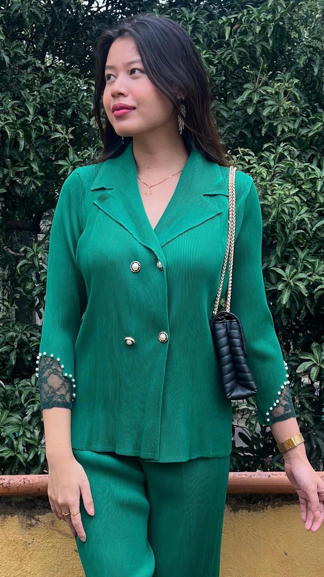 The Elara Lace-Trim Pleated Suit Set