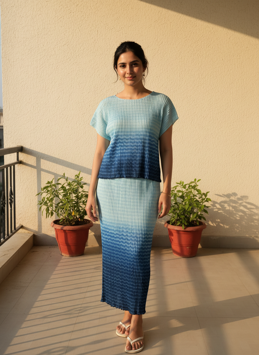 The Azure Tide Ombre Pleated Set