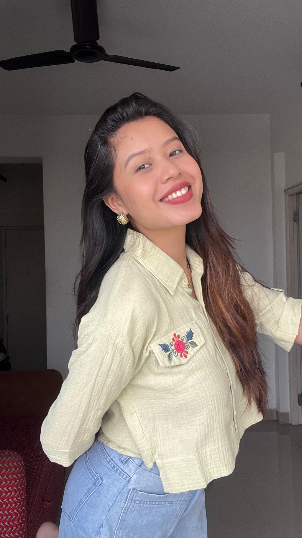 Botanical Bloom Sage Crop Shirt