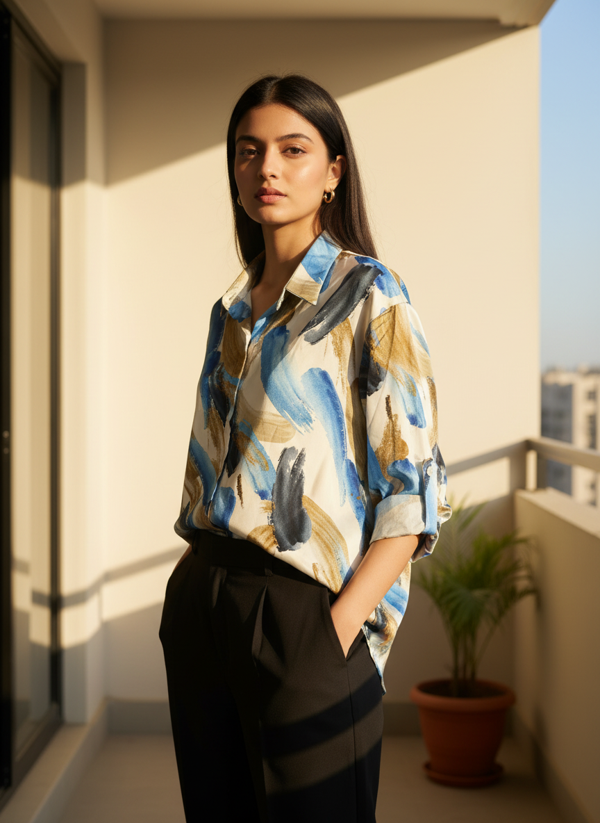 Azure Brushstroke Satin Shirt