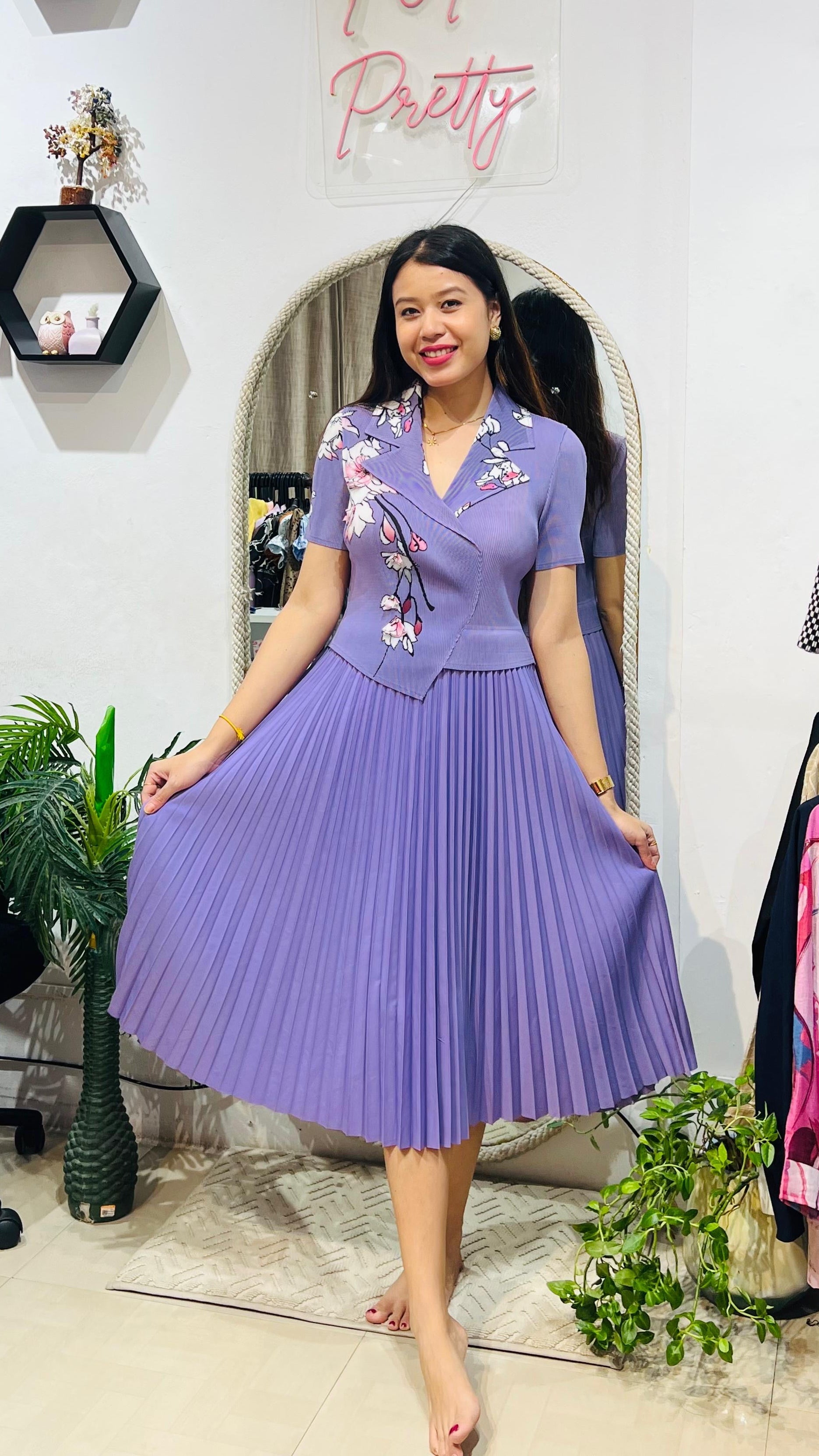 Lavender Floral Pleated Midi Dress