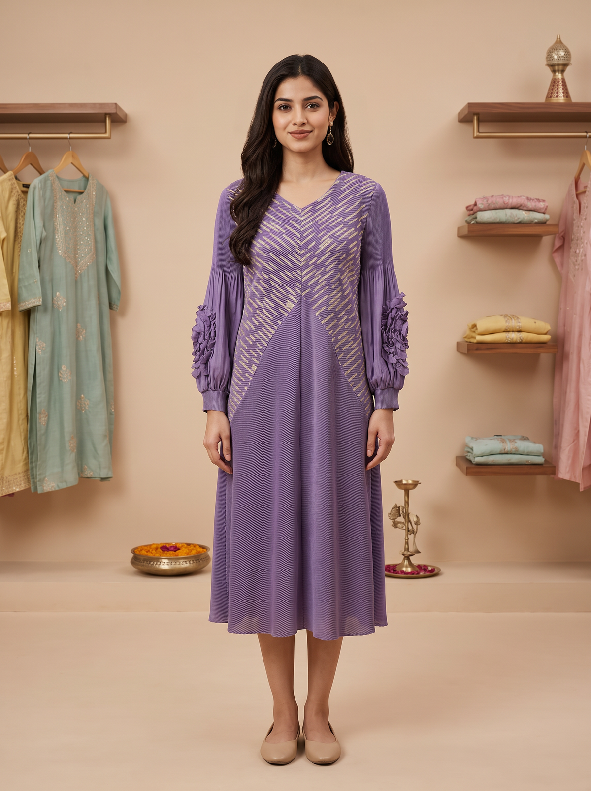 Amethyst Prism Pleated Midi Dress