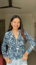 Azure Swirl Pleated Peplum Top