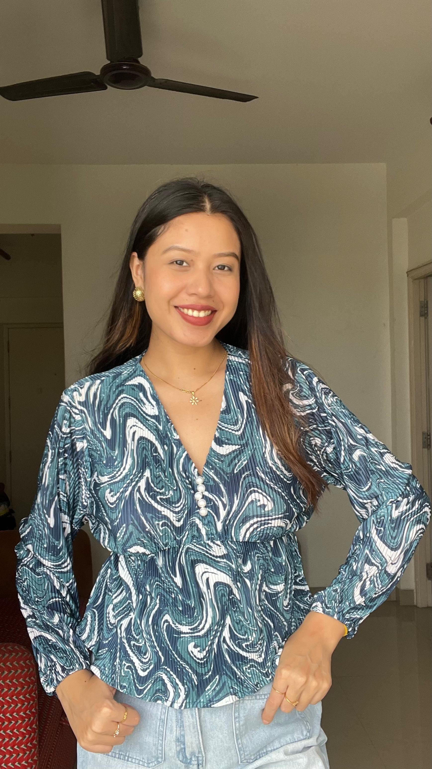 Azure Swirl Pleated Peplum Top