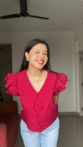Crimson Ruffle-Sleeve Statement Blouse