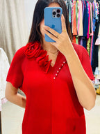 Floral Embellished V-Neck Pleated Blouse - Plus Size Friendly