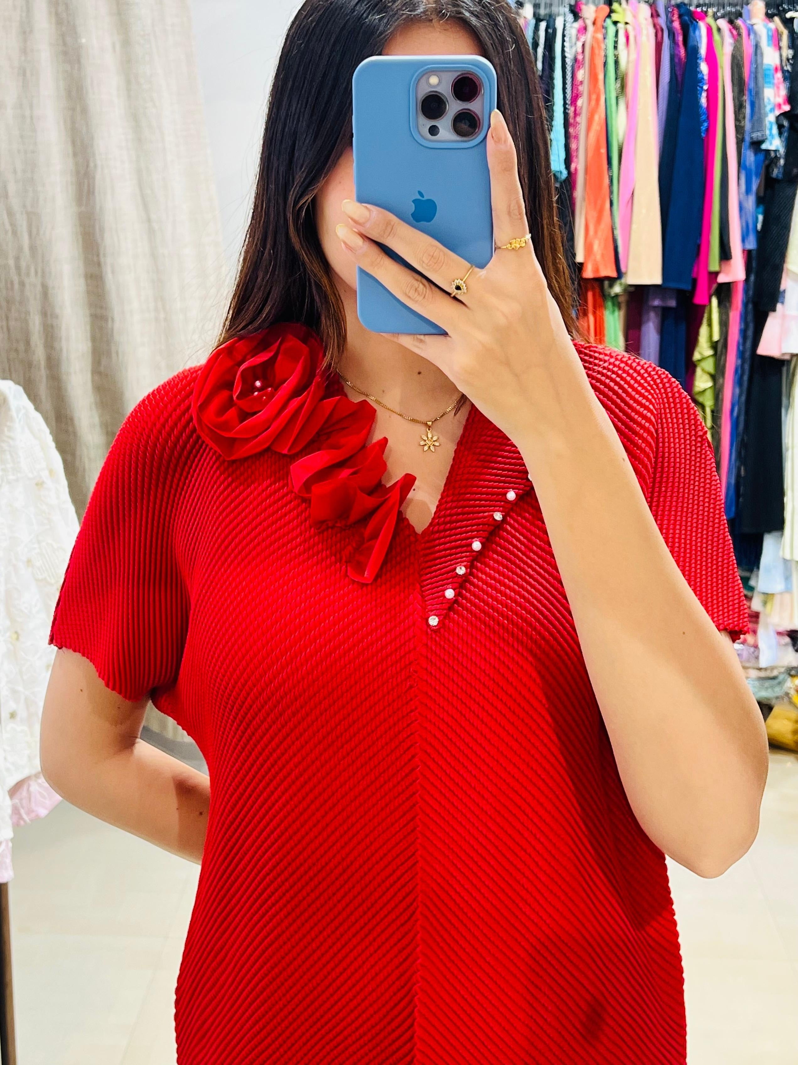 Floral Embellished V-Neck Pleated Blouse - Plus Size Friendly