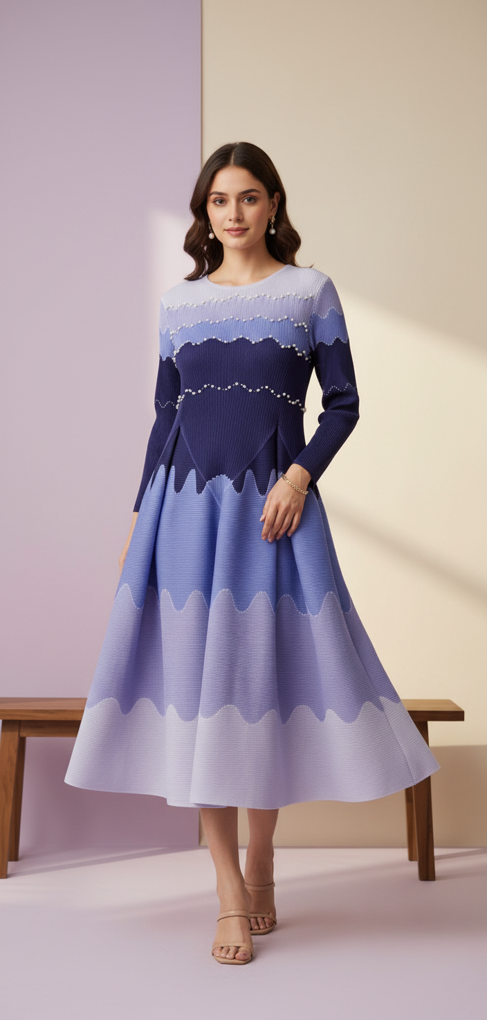 Lilac Ripple Pleated Midi Dress